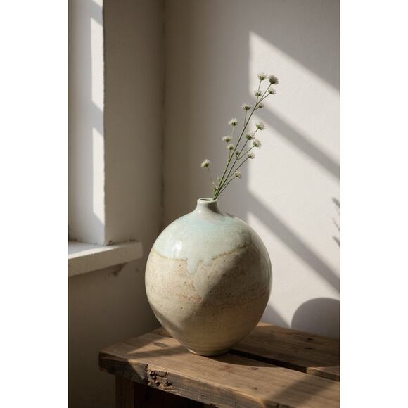 Signed Studio Pottery Bud Vase-Crackle Celadon Drip Glaze Stoneware-Modern-Boho - Picture 2 of 8